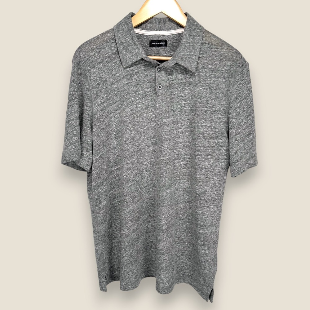 Saks Fifth Avenue Linen Cotton Polo Shirt Men Large Gray Short Sleeve Casual